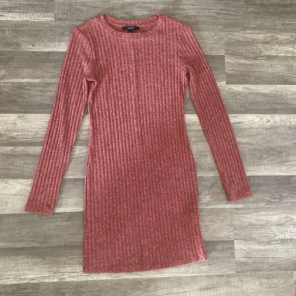 Heather red ribbed long sleeve bodycon dress